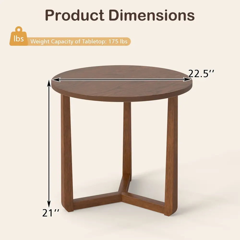 22.5 inch Round Side Table Farmhouse End Table with Sturdy Rubber Wood Legs and Triangular Structure-Walnut - Walnut
