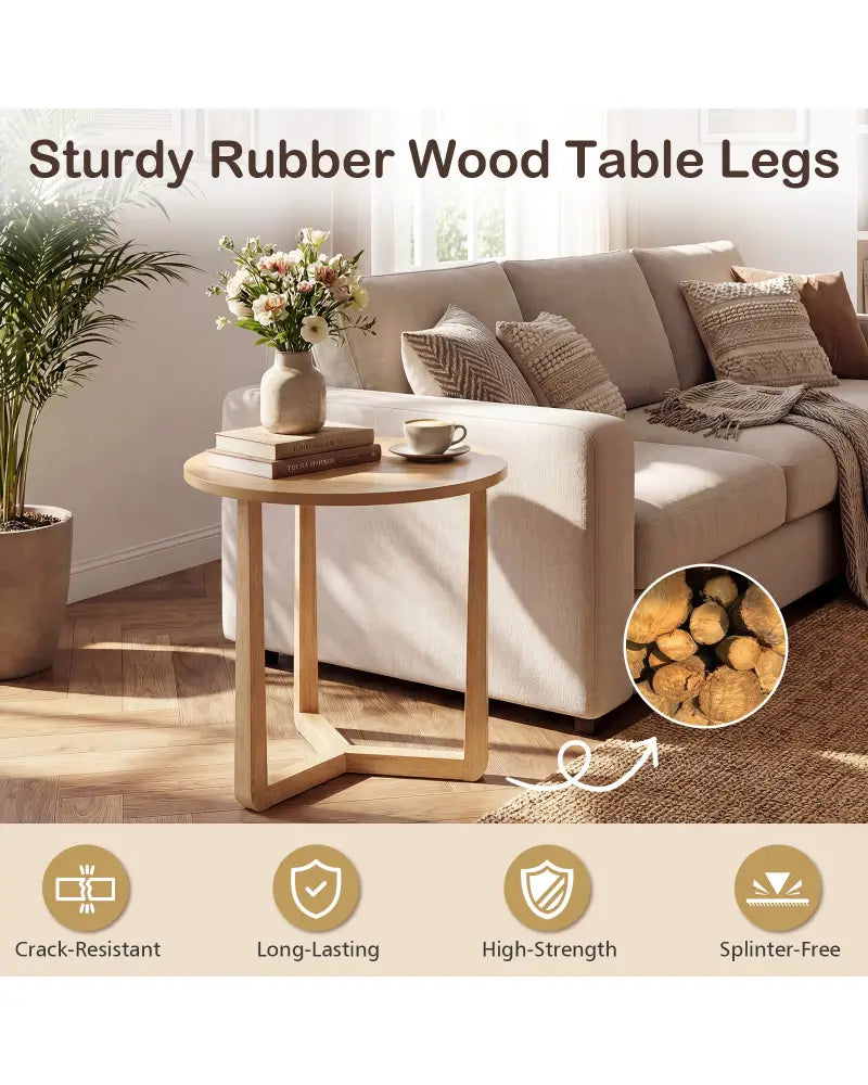 22.5 inch Round Side Table Farmhouse End Table with Sturdy Rubber Wood Legs and Triangular Structure-Natural - Natural
