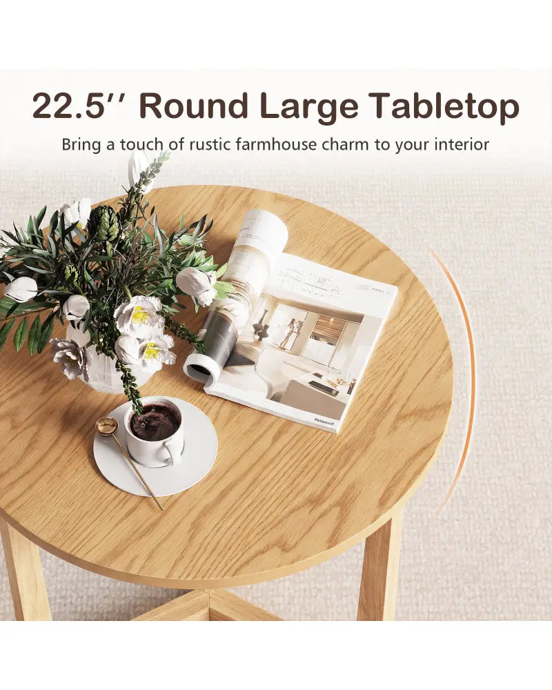22.5 inch Round Side Table Farmhouse End Table with Sturdy Rubber Wood Legs and Triangular Structure-Natural - Natural