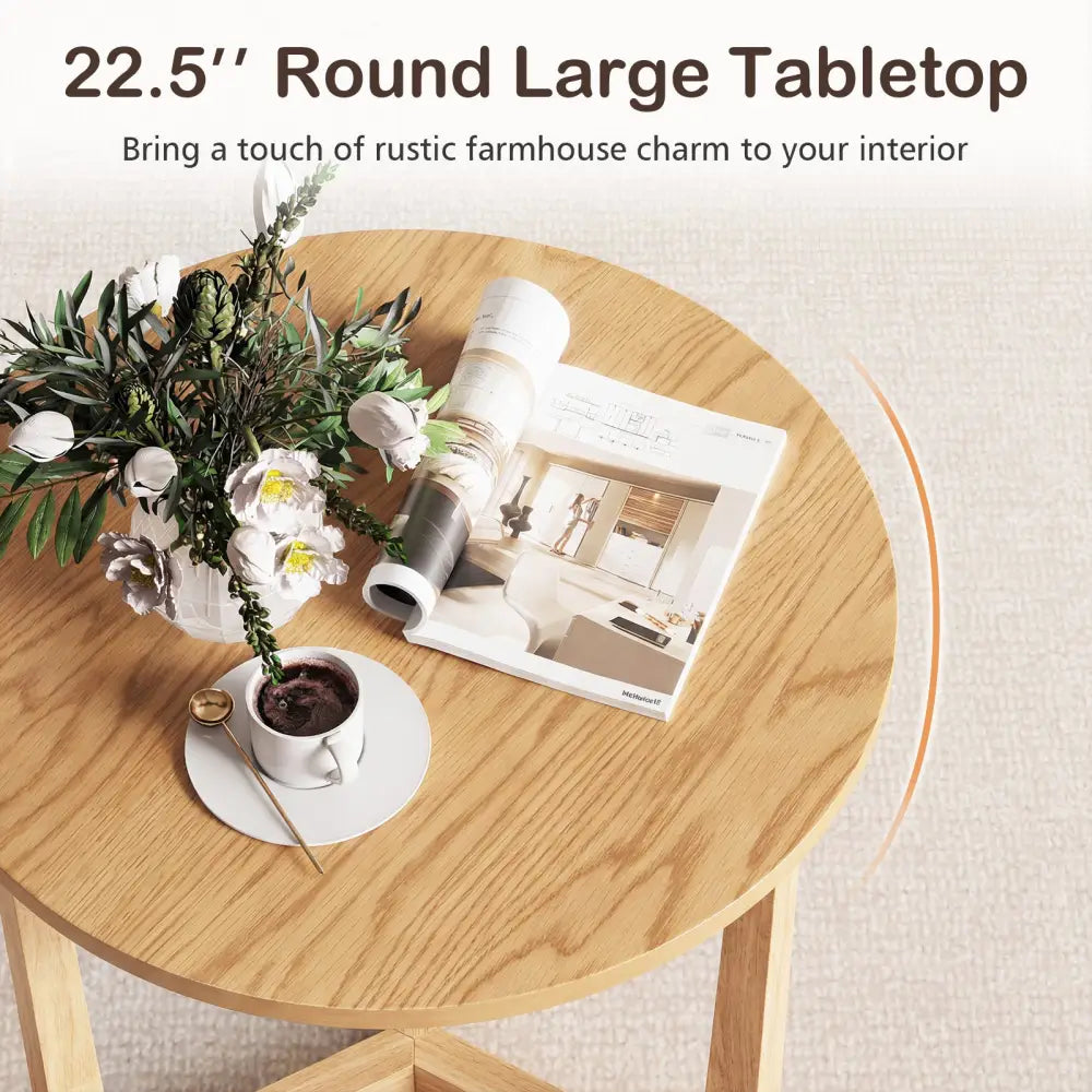 22.5 inch Round Side Table Farmhouse End Table with Sturdy Rubber Wood Legs and Triangular Structure-Natural - Natural