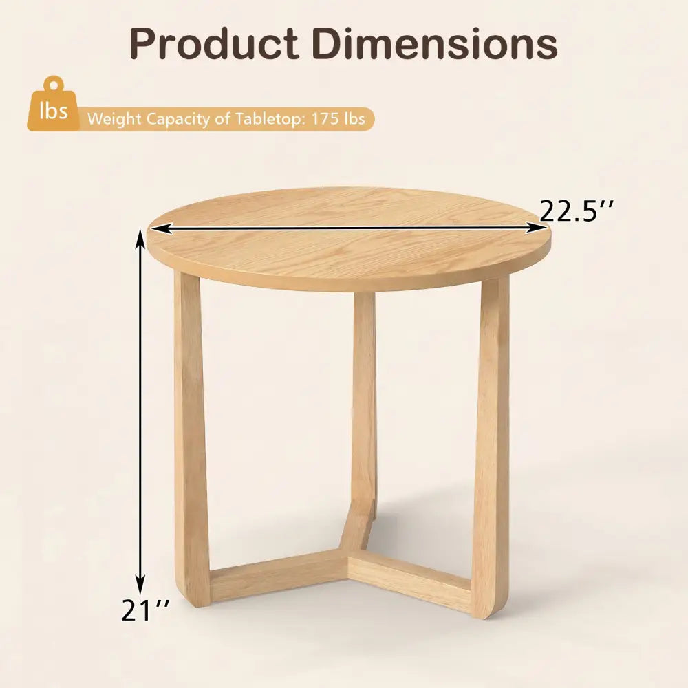 22.5 inch Round Side Table Farmhouse End Table with Sturdy Rubber Wood Legs and Triangular Structure-Natural - Natural