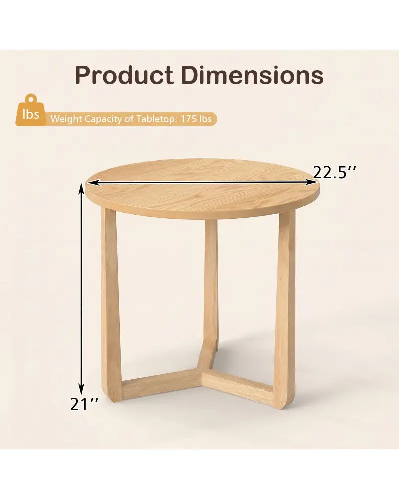 22.5 inch Round Side Table Farmhouse End Table with Sturdy Rubber Wood Legs and Triangular Structure-Natural - Natural