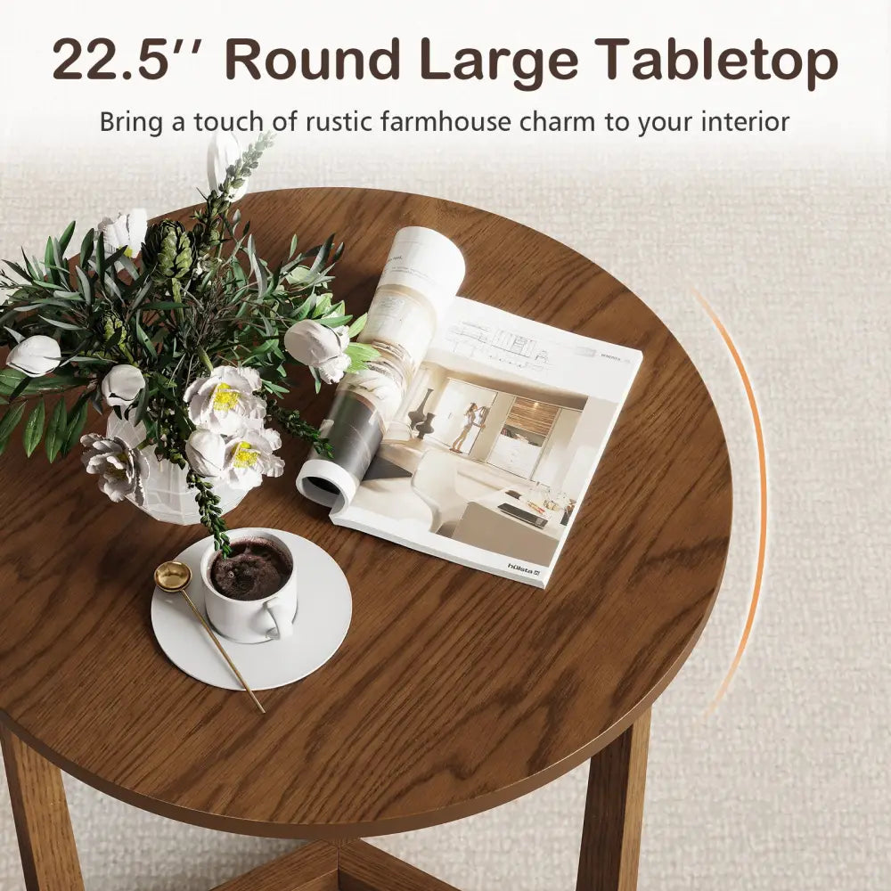 22.5 inch Round Side Table Farmhouse End Table with Sturdy Rubber Wood Legs and Triangular Structure-Walnut - Walnut