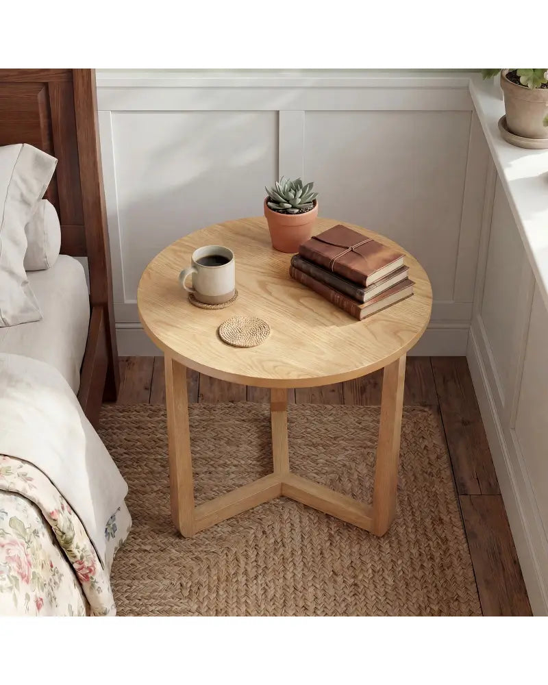 22.5 inch Round Side Table Farmhouse End Table with Sturdy Rubber Wood Legs and Triangular Structure-Natural - Natural