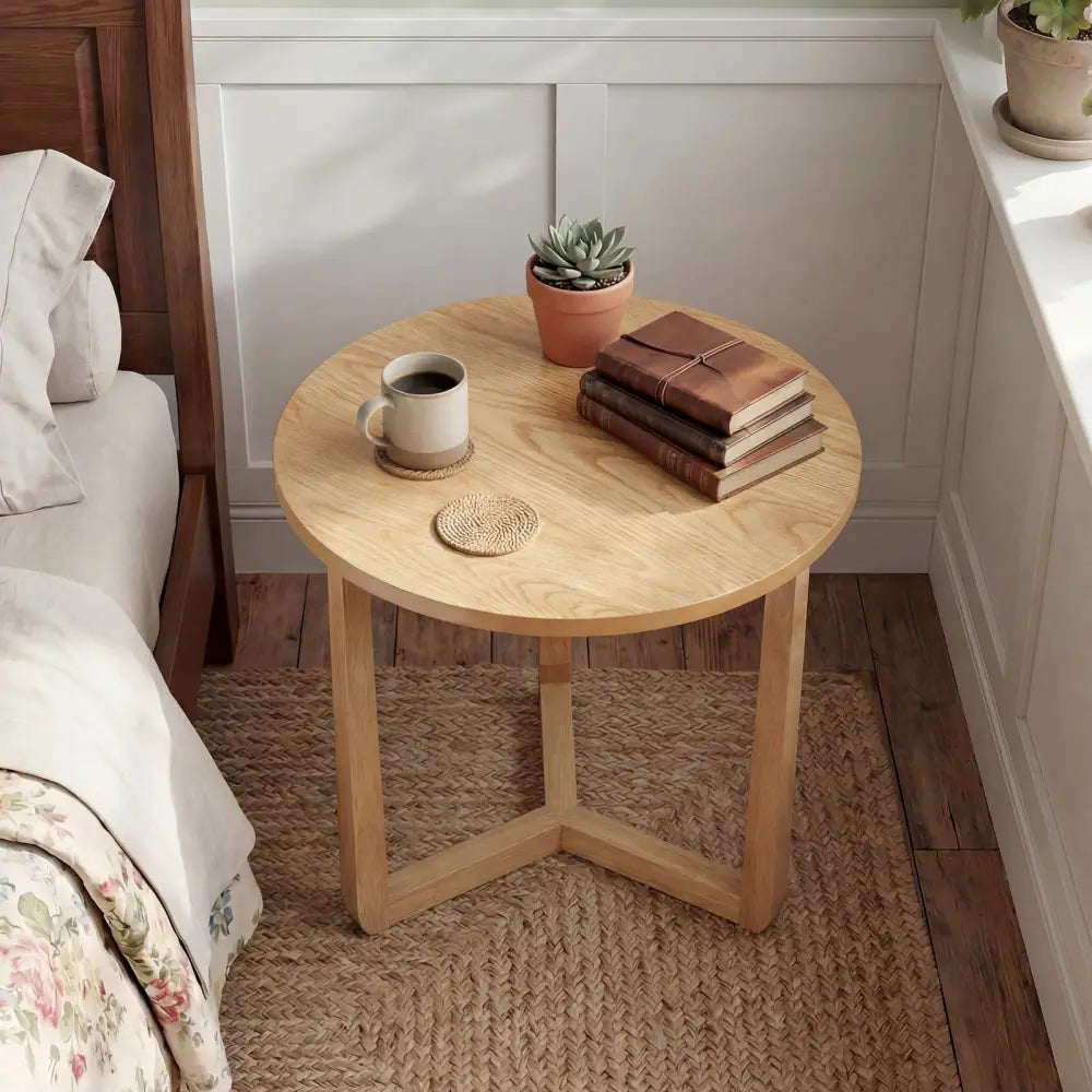 22.5 inch Round Side Table Farmhouse End Table with Sturdy Rubber Wood Legs and Triangular Structure-Natural - Natural