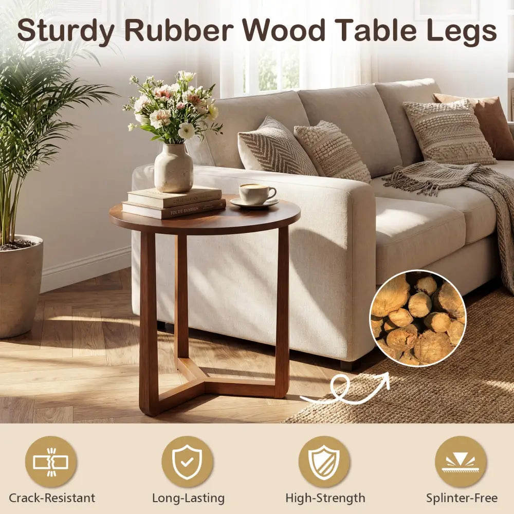 22.5 inch Round Side Table Farmhouse End Table with Sturdy Rubber Wood Legs and Triangular Structure-Walnut - Walnut