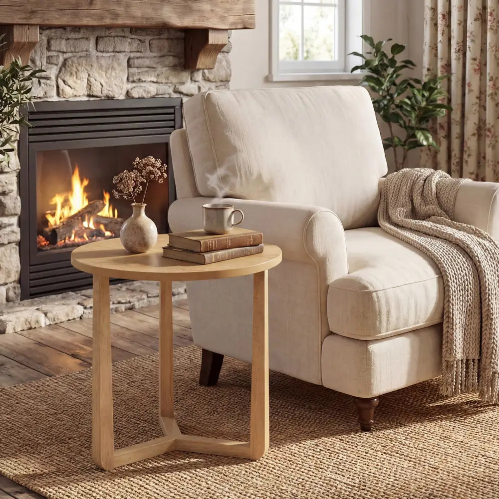 22.5 inch Round Side Table Farmhouse End Table with Sturdy Rubber Wood Legs and Triangular Structure-Natural - Natural