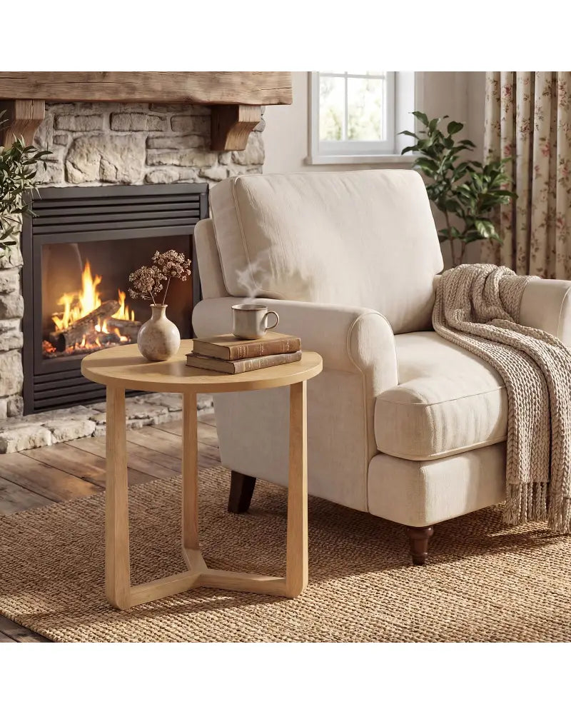 22.5 inch Round Side Table Farmhouse End Table with Sturdy Rubber Wood Legs and Triangular Structure-Natural - Natural