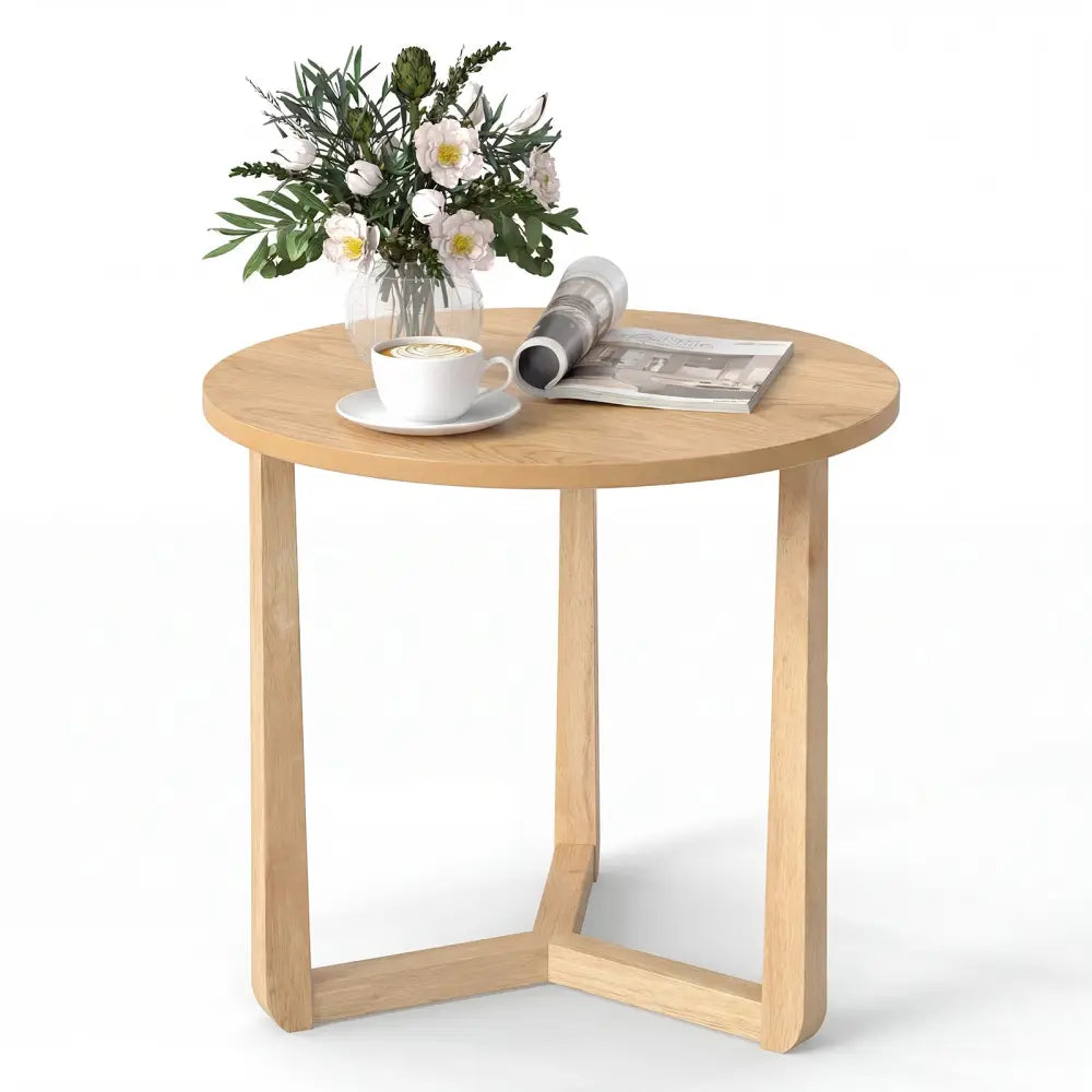 22.5 inch Round Side Table Farmhouse End Table with Sturdy Rubber Wood Legs and Triangular Structure-Natural - Natural