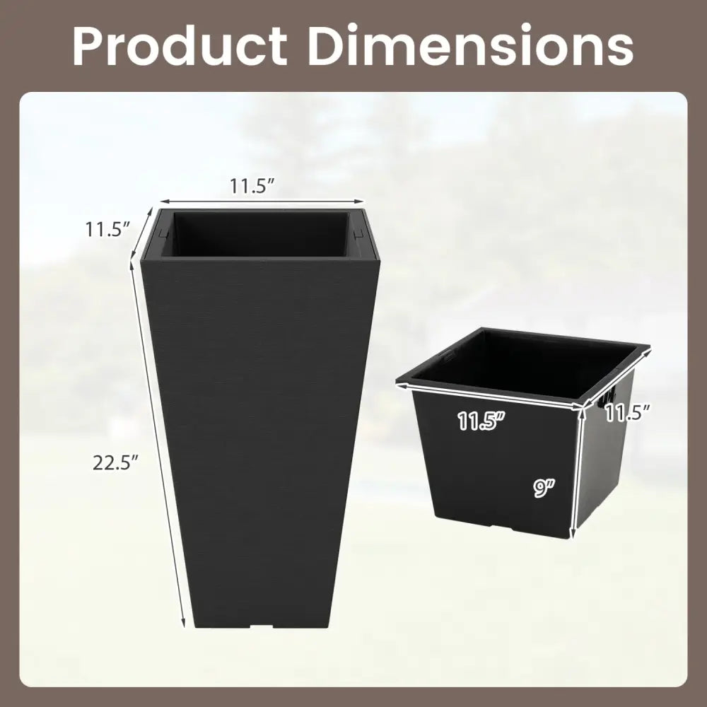 22.5 inch Tall Square Planter Set of 2 Self-Watering Flower Pots with Removable Inner Bucket-Black - Black - Raised
