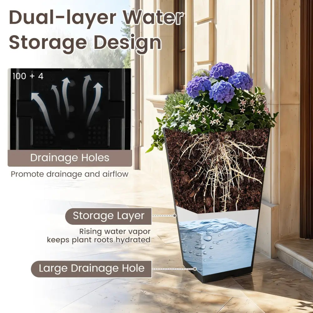 22.5 inch Tall Square Planter Set of 2 Self-Watering Flower Pots with Removable Inner Bucket-Black - Black - Raised