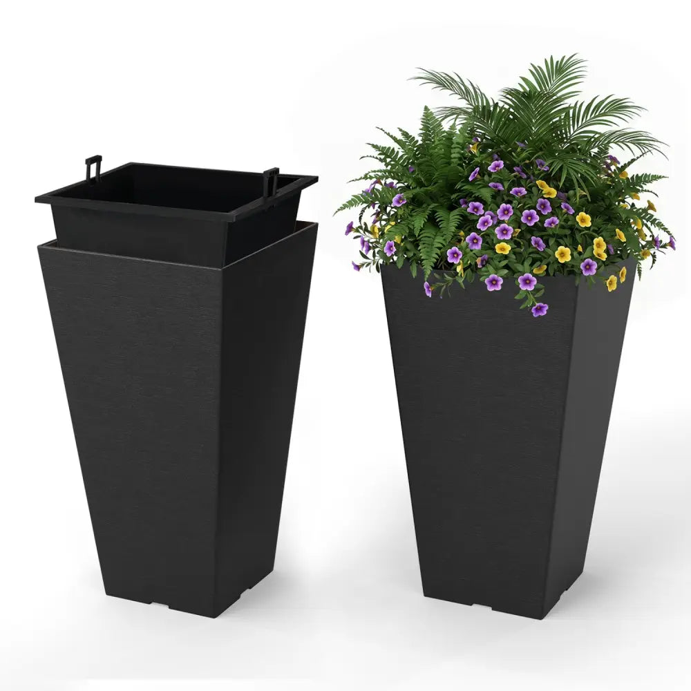 22.5 inch Tall Square Planter Set of 2 Self-Watering Flower Pots with Removable Inner Bucket-Black - Black - Raised
