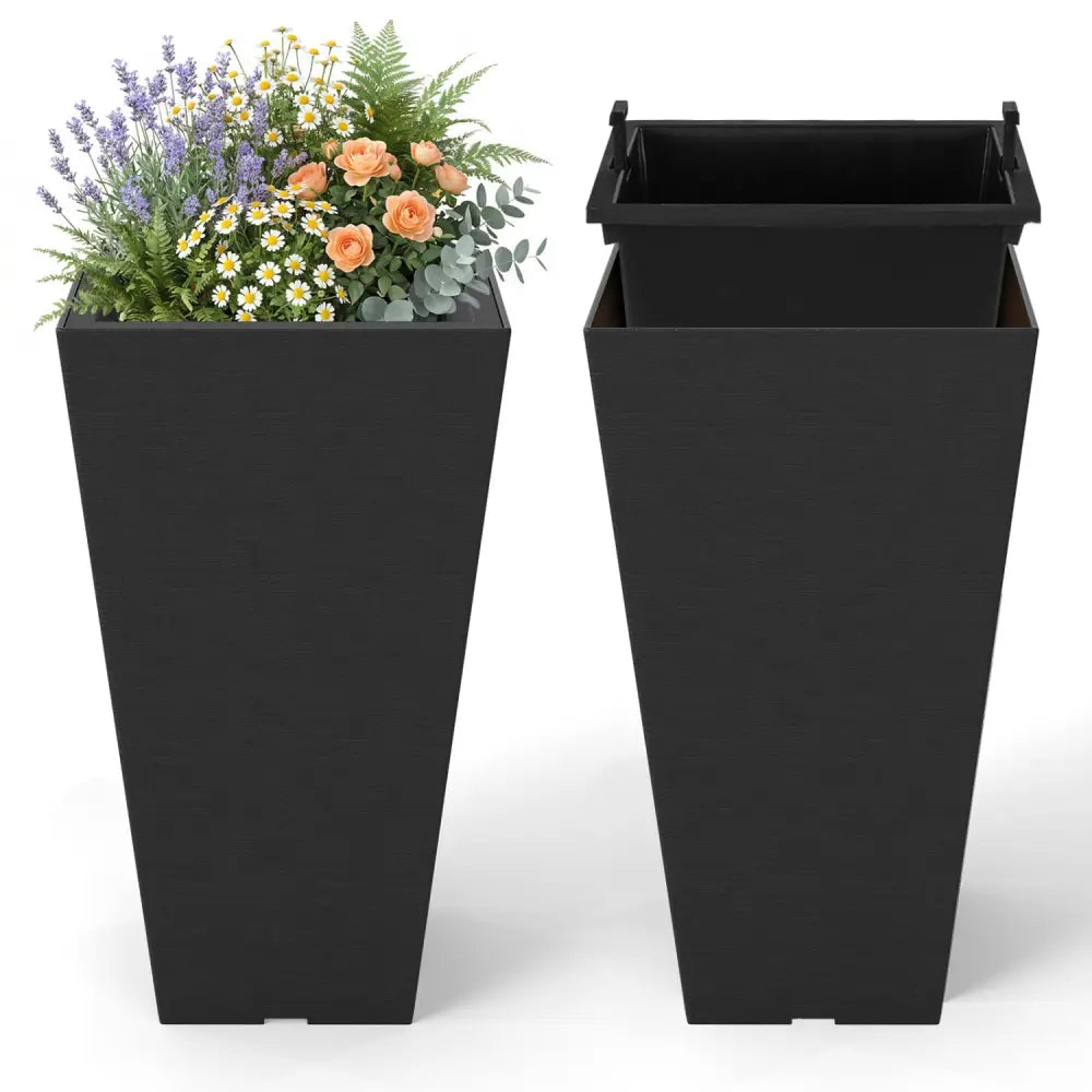 22.5 inch Tall Square Planter Set of 2 Self-Watering Flower Pots with Removable Inner Bucket-Black - Black - Raised