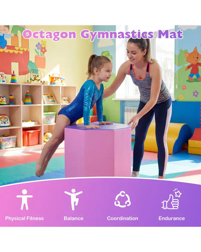 22.5’’ x 26’’ Octagon Tumbling Mat with Zippered Cover and Thick Foam Filling-Pink - Pink - Yoga & Gym Mats