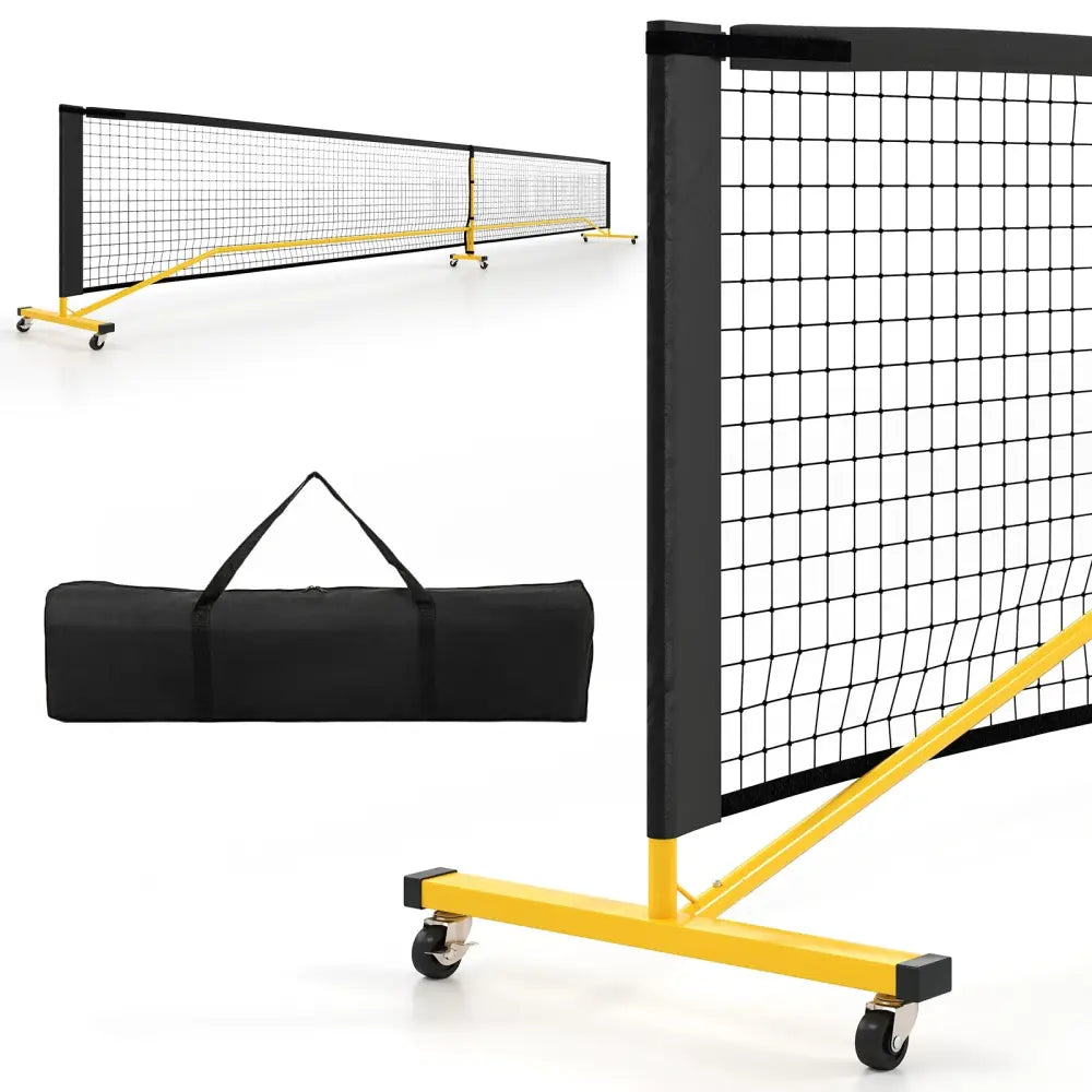 22 FT Portable Pickleball Net with 6 Lockable Wheels and Carry Bag - Yellow - Sport Equipments