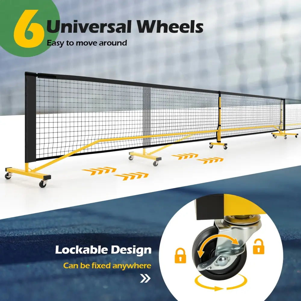 22 FT Portable Pickleball Net with 6 Lockable Wheels and Carry Bag - Yellow - Sport Equipments