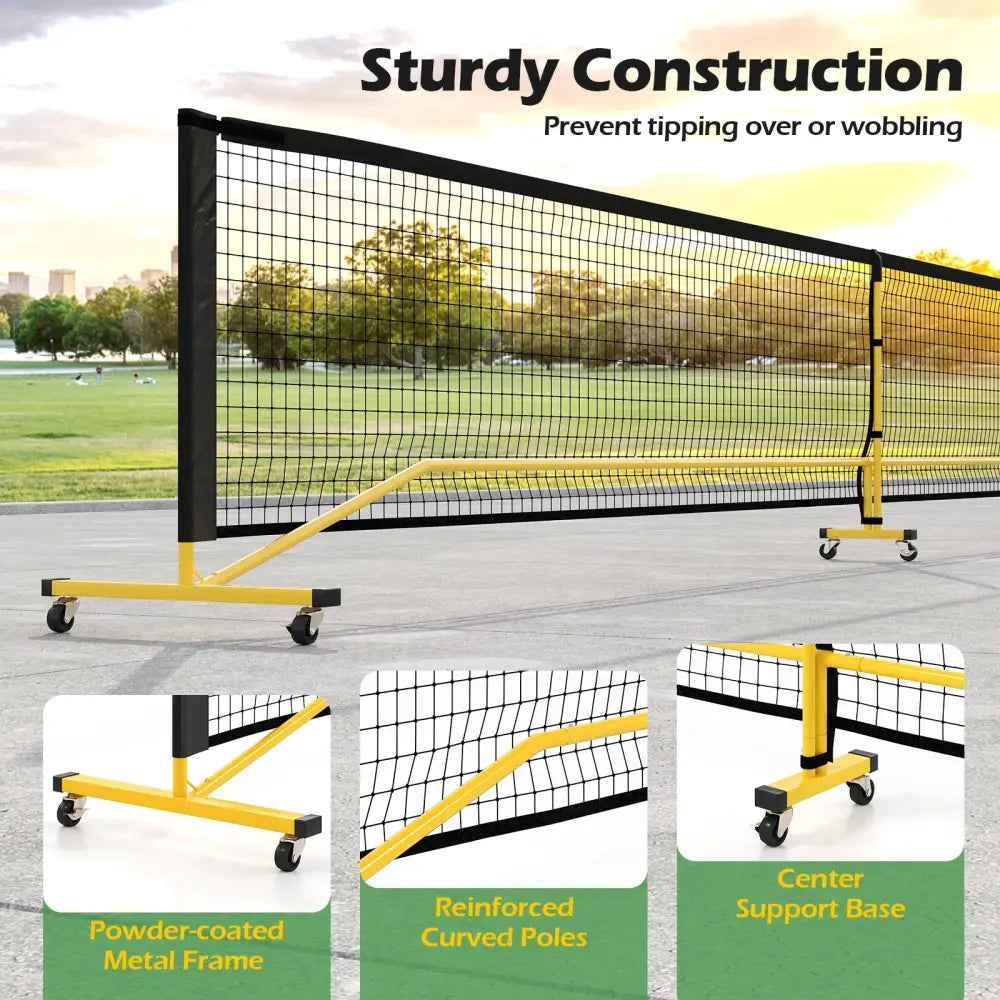 22 FT Portable Pickleball Net with 6 Lockable Wheels and Carry Bag - Yellow - Sport Equipments