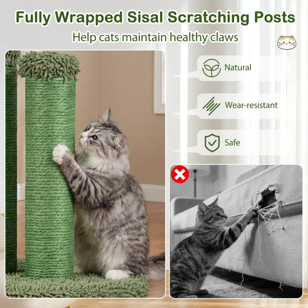22 Inch Cactus Cat Scratching Post with Natural Sisal Rope-Green - Green - Cat Trees Condos & Scratchers