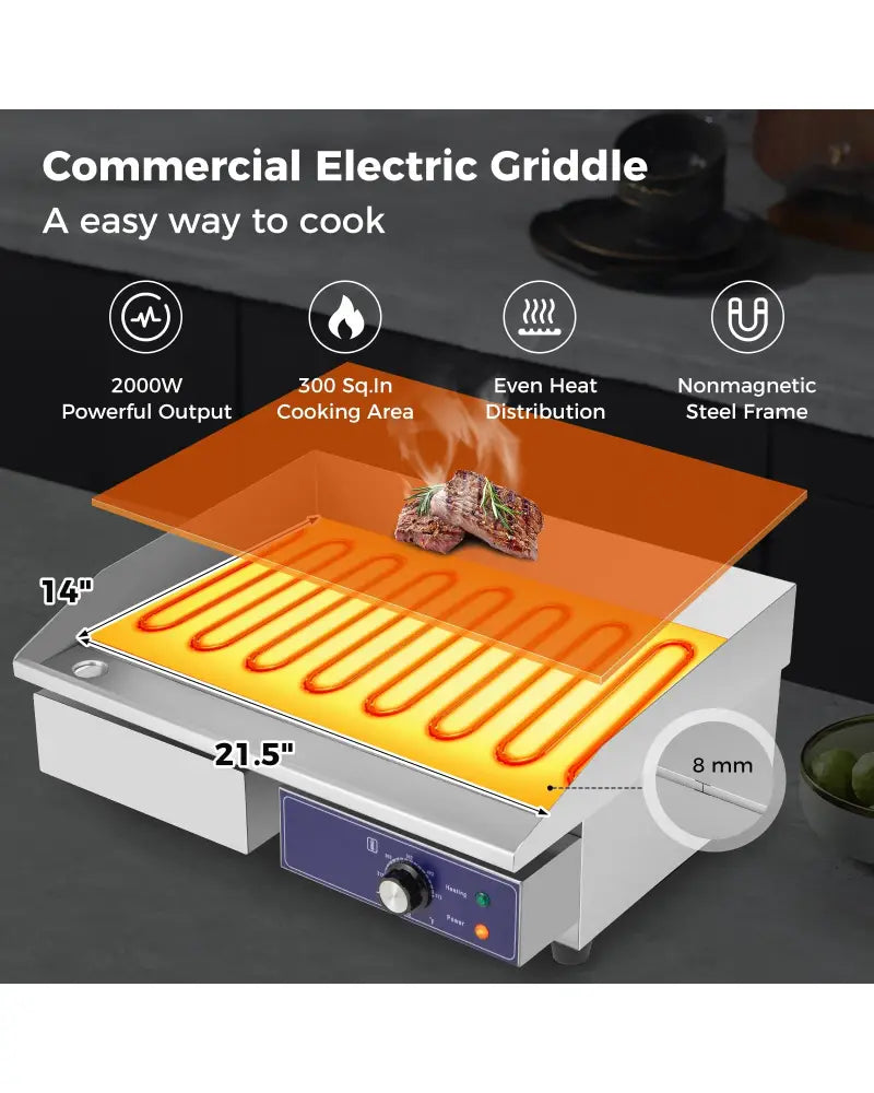 22 Inch Countertop Electric Griddle 2000W 110V Commercial Stainless Steel Grill-Silver - Silver - Food Warmers & Burners