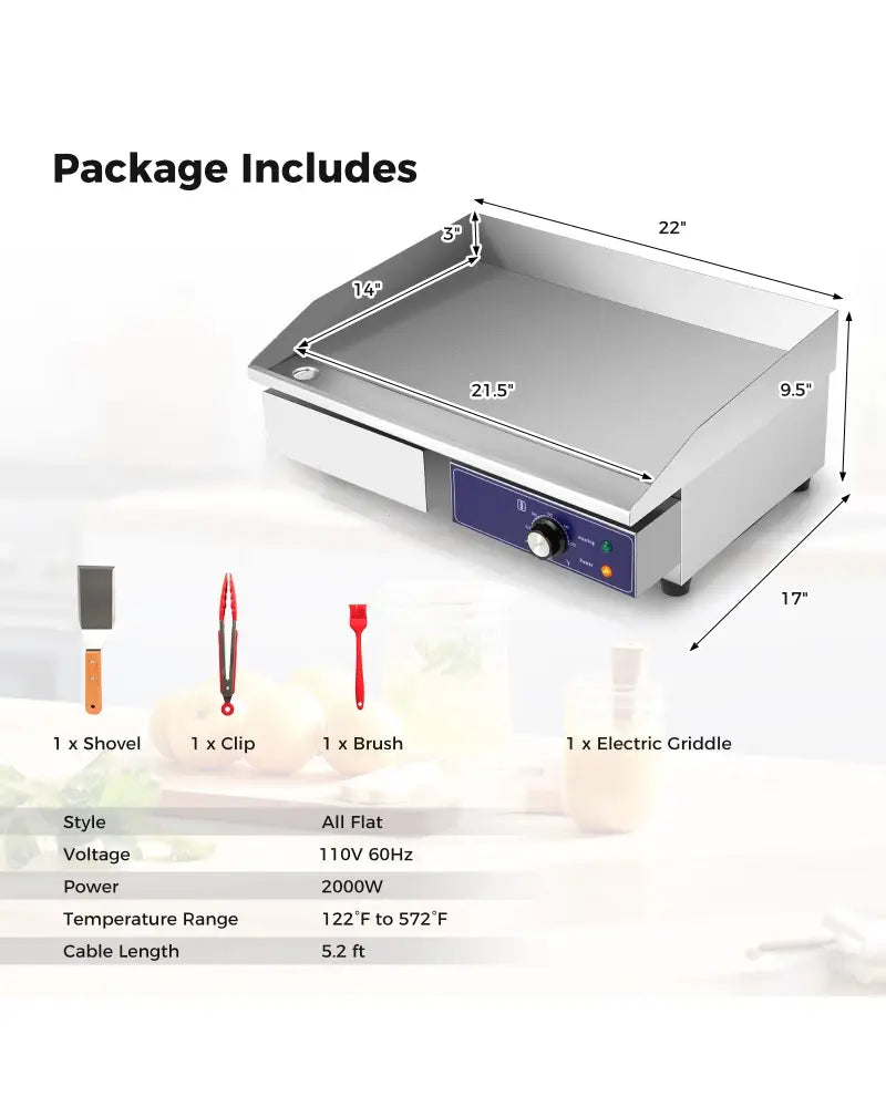 22 Inch Countertop Electric Griddle 2000W 110V Commercial Stainless Steel Grill-Silver - Silver - Food Warmers & Burners