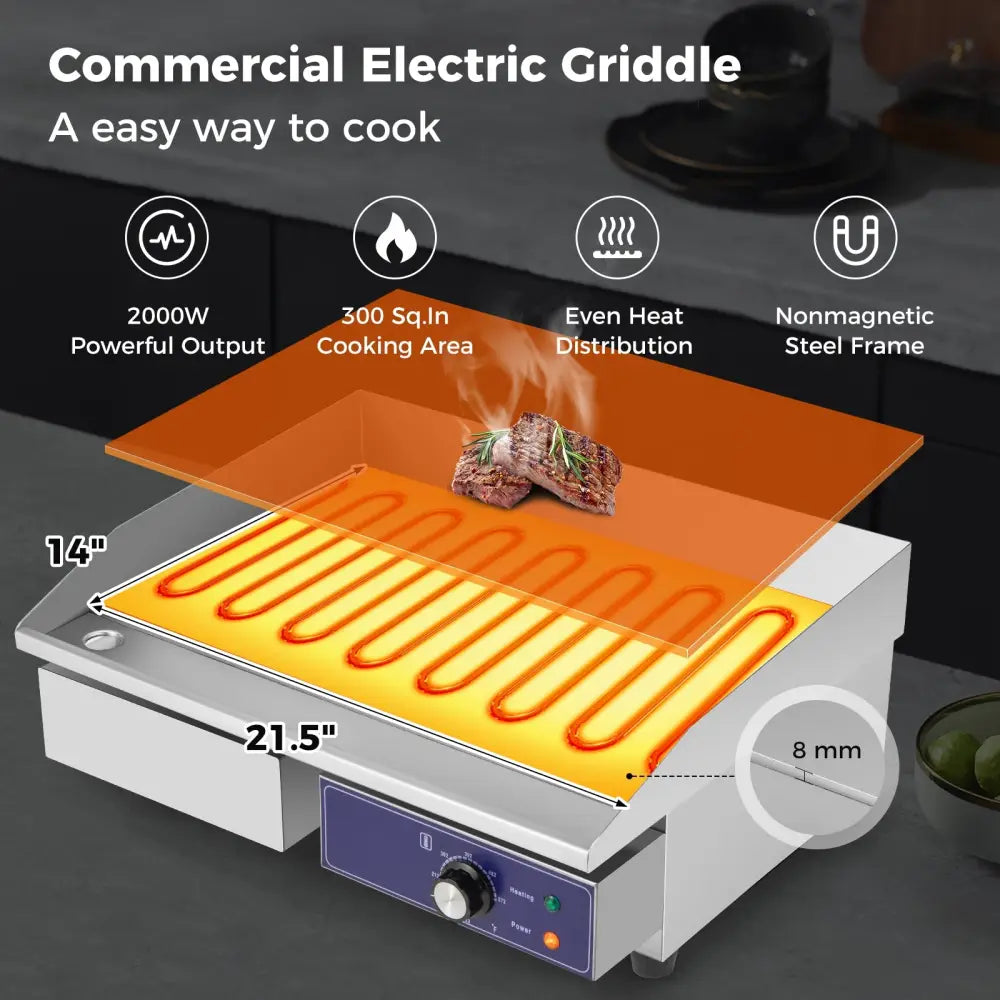 22 Inch Countertop Electric Griddle 2000W 110V Commercial Stainless Steel Grill-Silver - Silver - Food Warmers & Burners