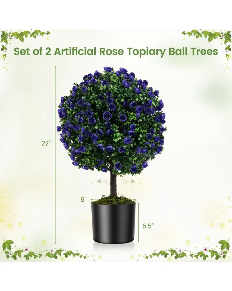 22 Inch Set of 2 Artificial Purple Rose Topiary Ball Trees with Cement-Filled Pot-Purple - Purple - Faux Plants