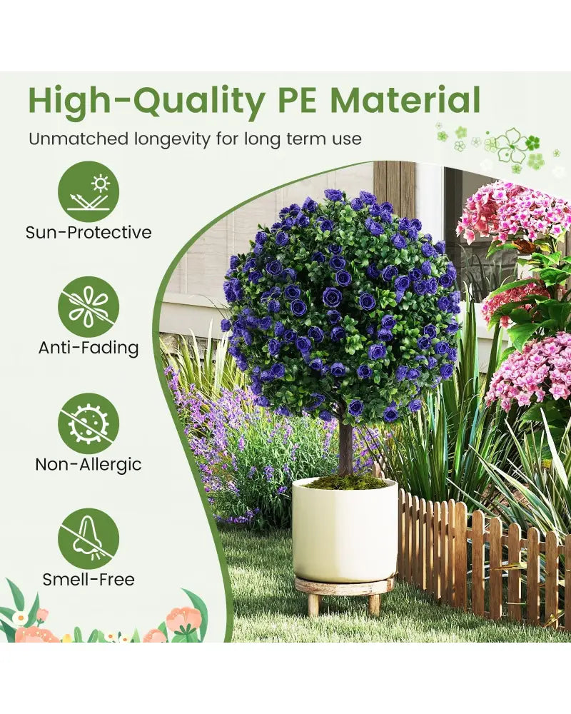 22 Inch Set of 2 Artificial Purple Rose Topiary Ball Trees with Cement-Filled Pot-Purple - Purple - Faux Plants