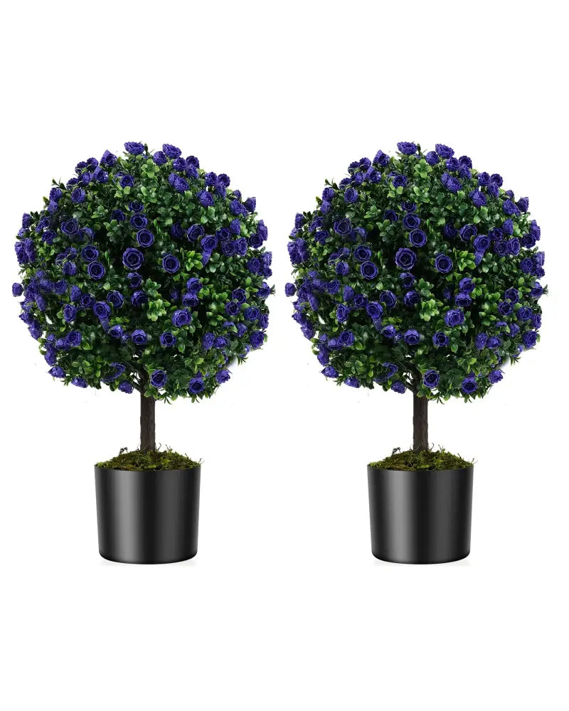 22 Inch Set of 2 Artificial Purple Rose Topiary Ball Trees with Cement-Filled Pot-Purple - Purple - Faux Plants