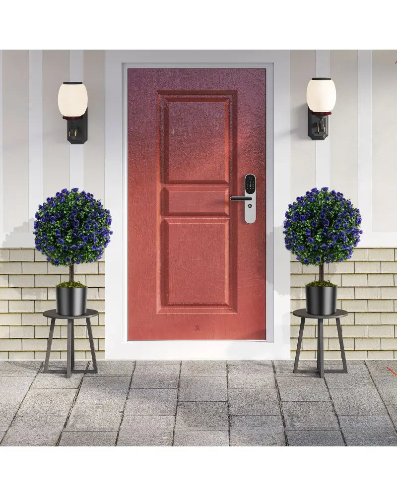 22 Inch Set of 2 Artificial Purple Rose Topiary Ball Trees with Cement-Filled Pot-Purple - Purple - Faux Plants