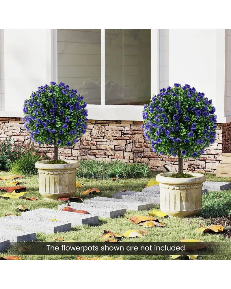 22 Inch Set of 2 Artificial Purple Rose Topiary Ball Trees with Cement-Filled Pot-Purple - Purple - Faux Plants