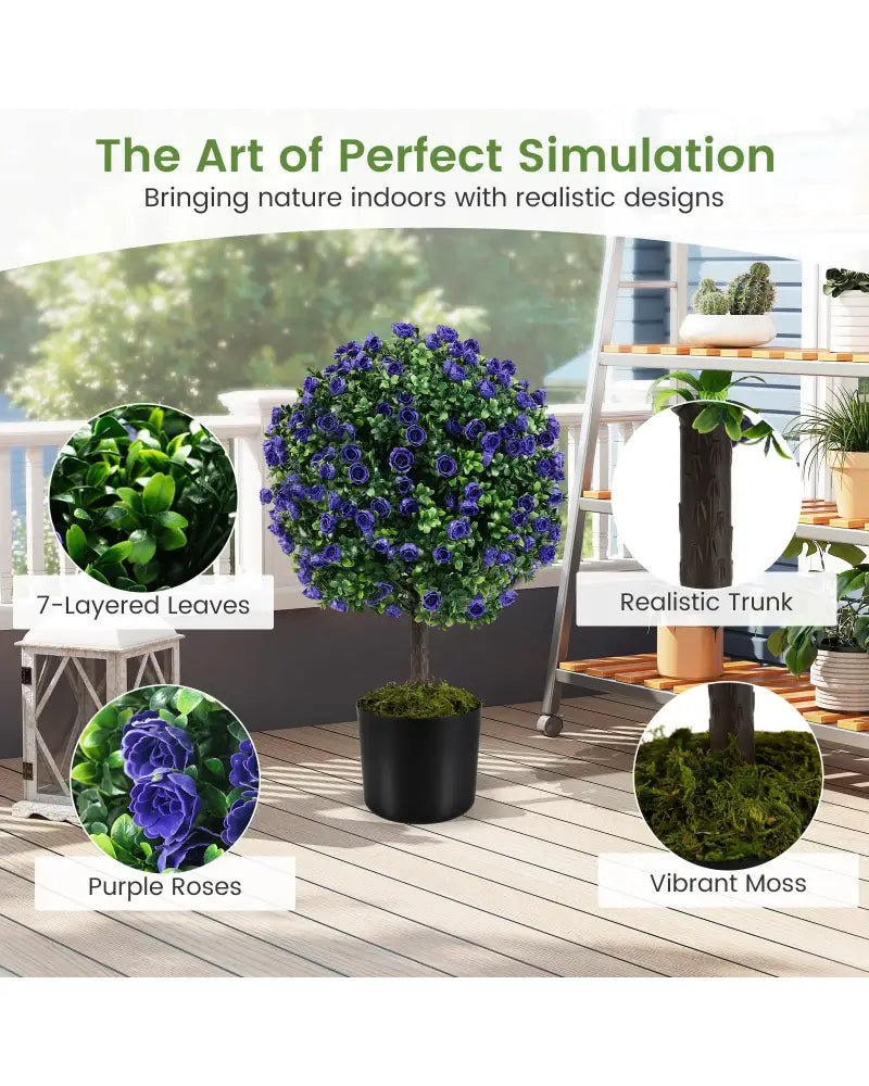 22 Inch Set of 2 Artificial Purple Rose Topiary Ball Trees with Cement-Filled Pot-Purple - Purple - Faux Plants