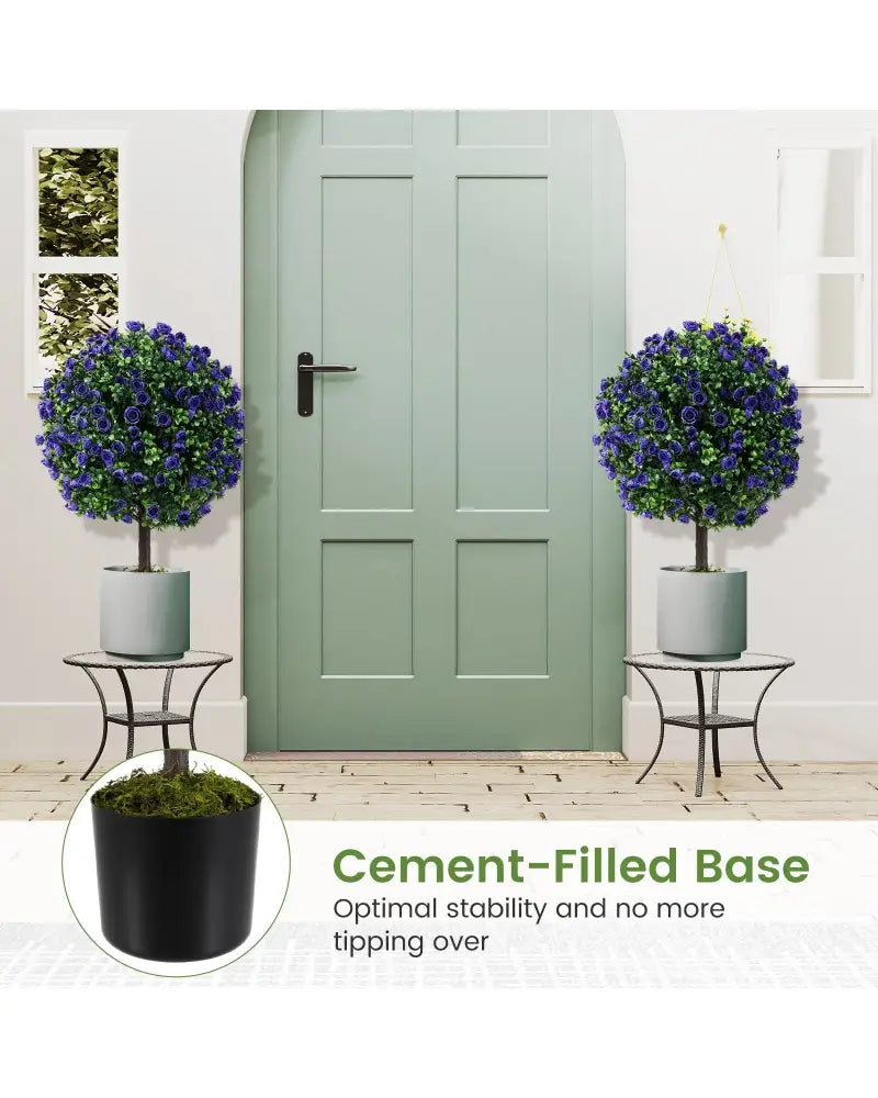 22 Inch Set of 2 Artificial Purple Rose Topiary Ball Trees with Cement-Filled Pot-Purple - Purple - Faux Plants