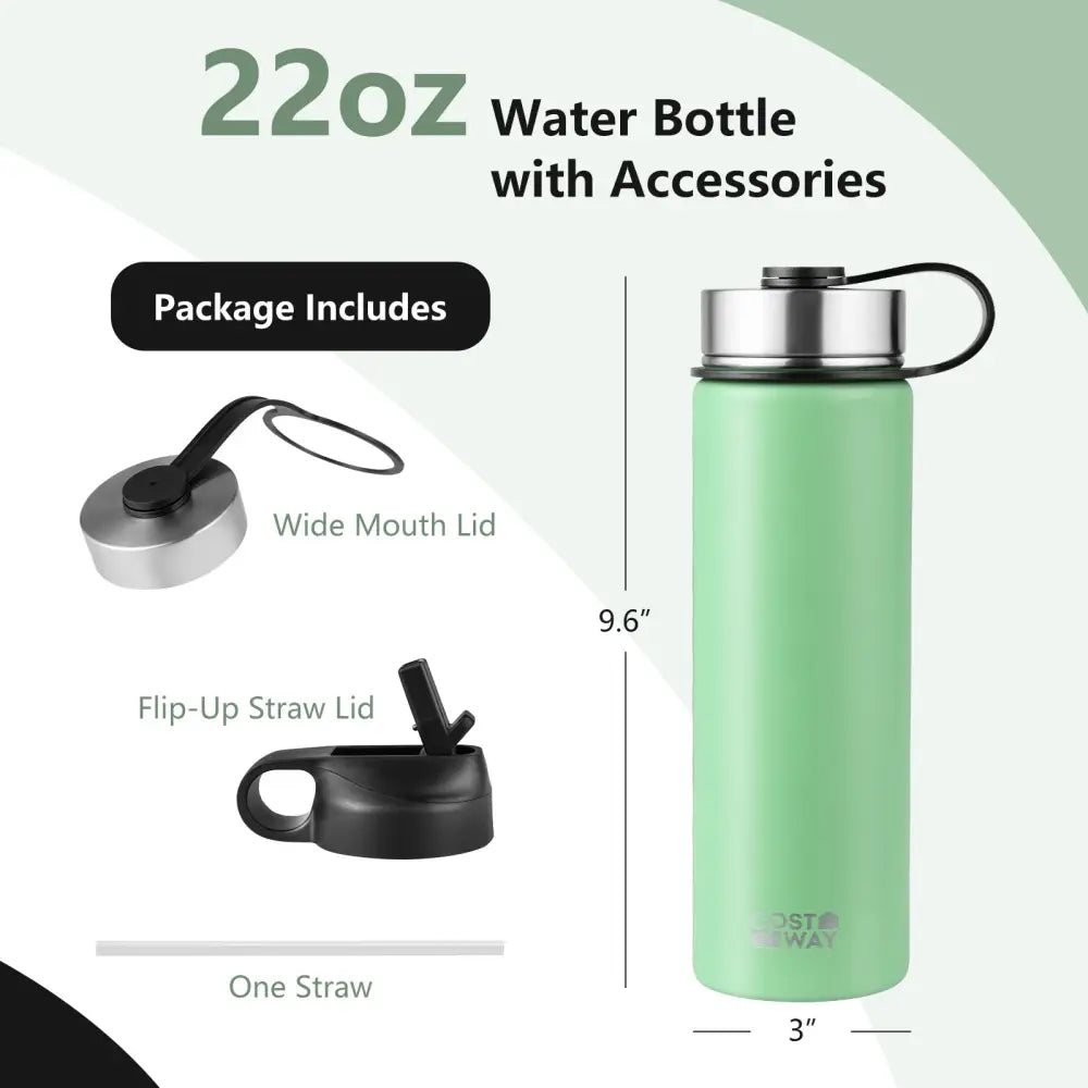22 Oz Double-walled Insulated Stainless Steel Water Bottle with 2 Lids and Straw-Green - Green - Kitchen Utensils