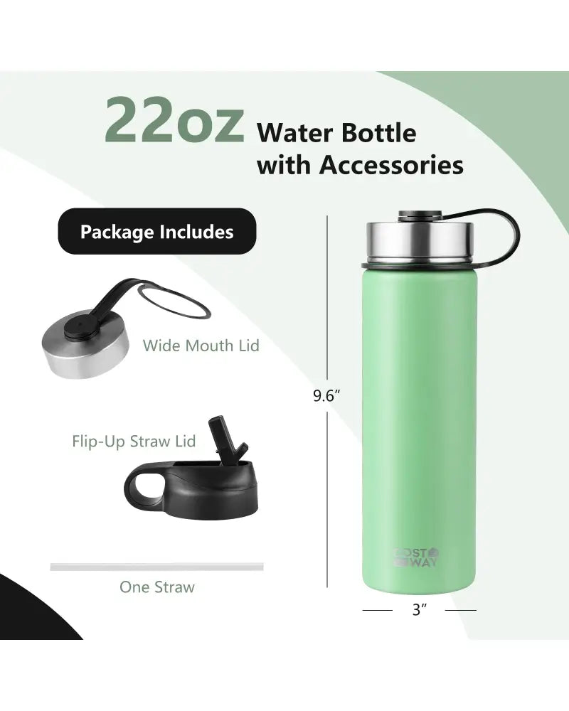 22 Oz Double-walled Insulated Stainless Steel Water Bottle with 2 Lids and Straw-Green - Green - Kitchen Utensils