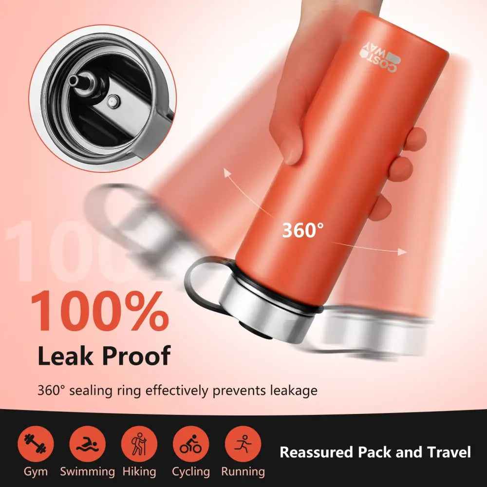 22 Oz Double-walled Insulated Stainless Steel Water Bottle with 2 Lids and Straw-Orange - Orange - Kitchen Utensils