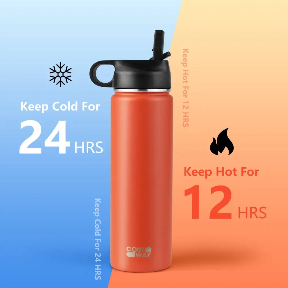 22 Oz Double-walled Insulated Stainless Steel Water Bottle with 2 Lids and Straw-Orange - Orange - Kitchen Utensils