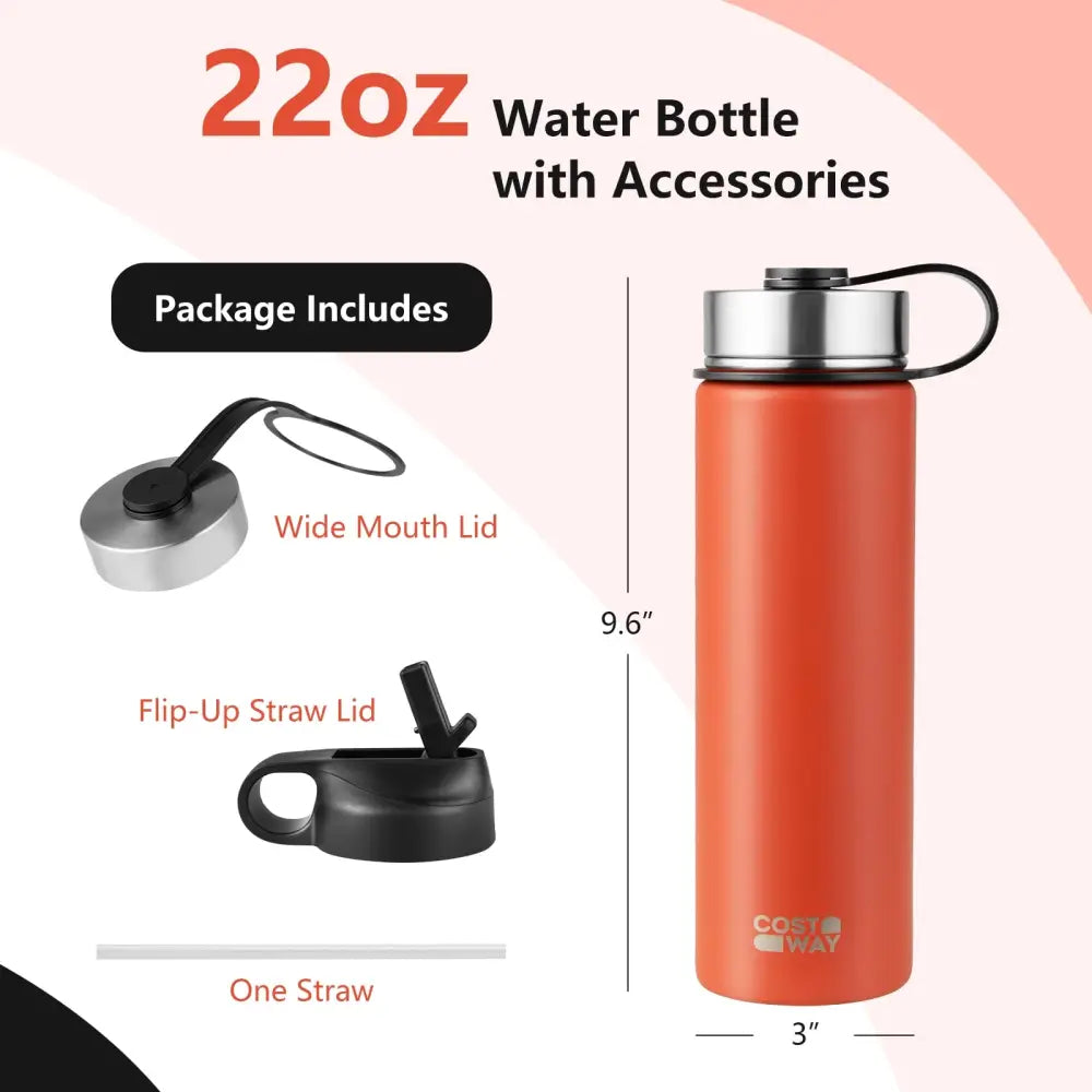 22 Oz Double-walled Insulated Stainless Steel Water Bottle with 2 Lids and Straw-Orange - Orange - Kitchen Utensils
