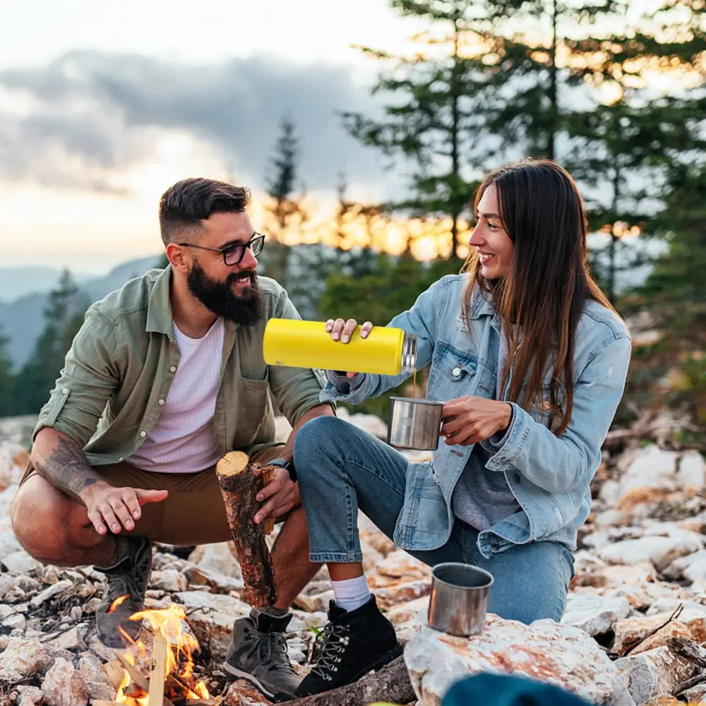 22 Oz Double-walled Insulated Stainless Steel Water Bottle with 2 Lids and Straw-Yellow - Yellow - Kitchen Utensils