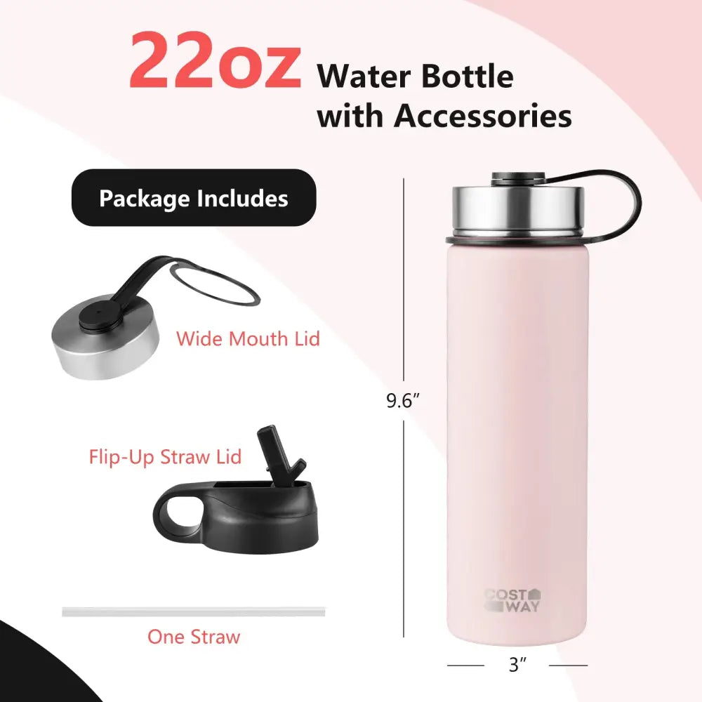 22 Oz Double-walled Insulated Stainless Steel Water Bottle with 2 Lids and Straw-Pink - Pink - Kitchen Utensils