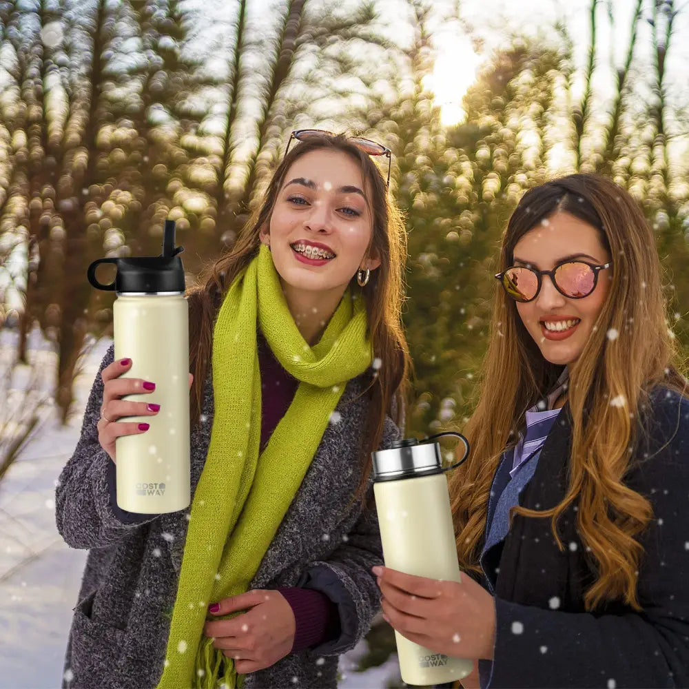 22 Oz Double-walled Insulated Stainless Steel Water Bottle with 2 Lids and Straw-Beige - Beige - Kitchen Utensils