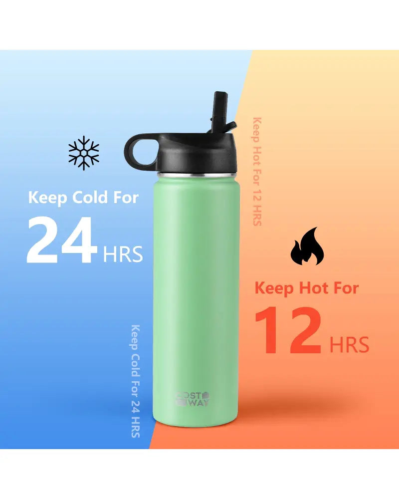 22 Oz Double-walled Insulated Stainless Steel Water Bottle with 2 Lids and Straw-Green - Green - Kitchen Utensils