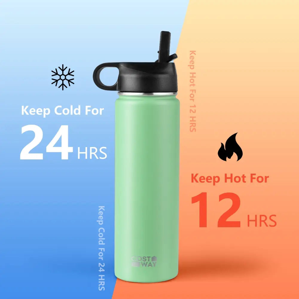 22 Oz Double-walled Insulated Stainless Steel Water Bottle with 2 Lids and Straw-Green - Green - Kitchen Utensils