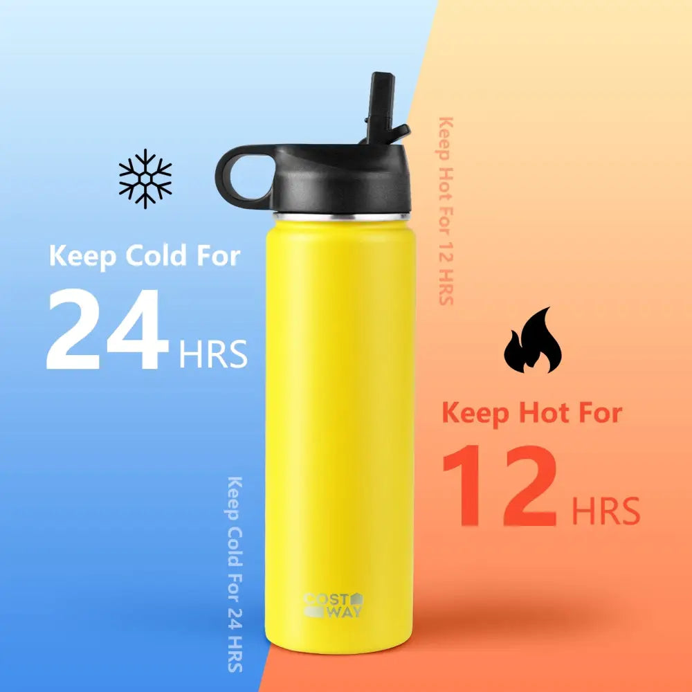 22 Oz Double-walled Insulated Stainless Steel Water Bottle with 2 Lids and Straw-Yellow - Yellow - Kitchen Utensils