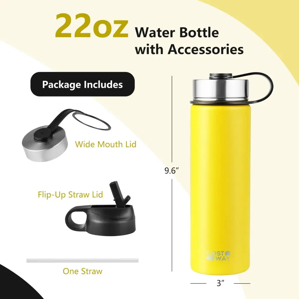 22 Oz Double-walled Insulated Stainless Steel Water Bottle with 2 Lids and Straw-Yellow - Yellow - Kitchen Utensils