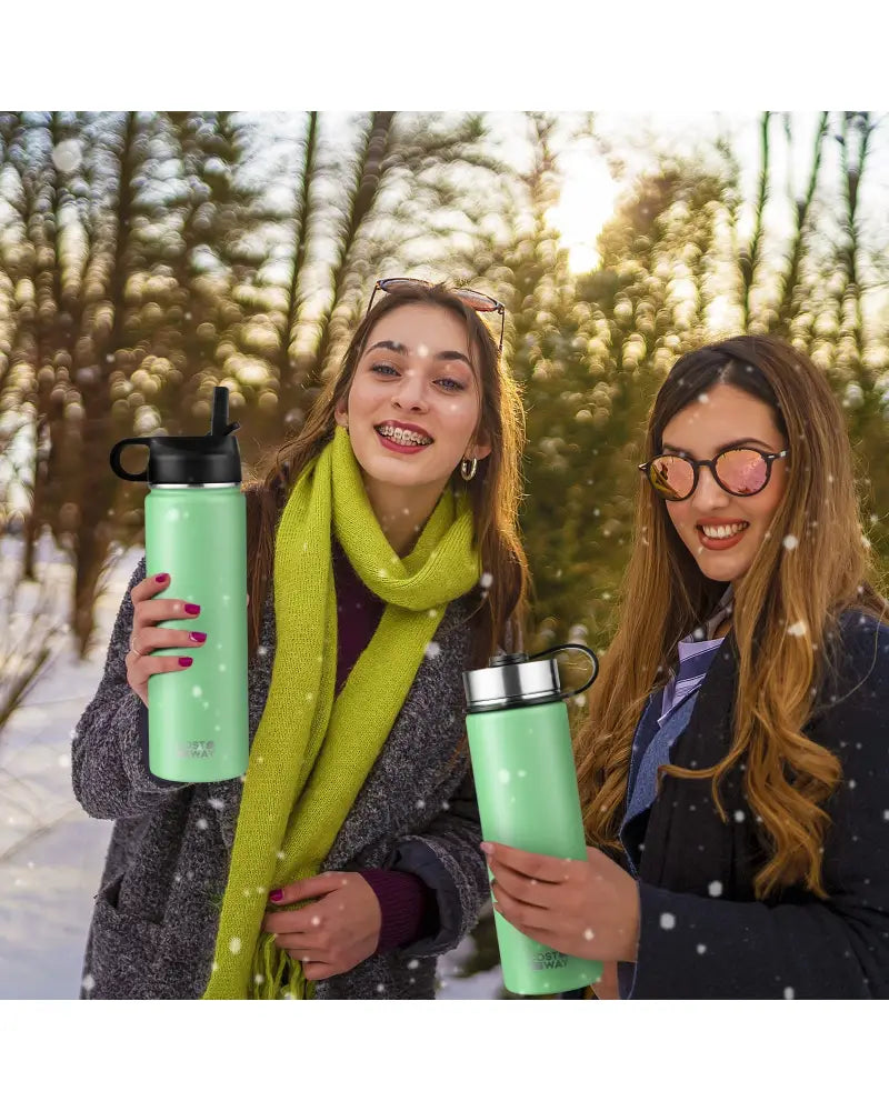 22 Oz Double-walled Insulated Stainless Steel Water Bottle with 2 Lids and Straw-Green - Green - Kitchen Utensils