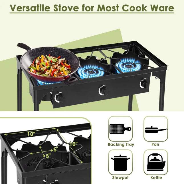 225000 BTU Portable Propane 3 Burner Gas Cooker - Black - Outdoor Grills