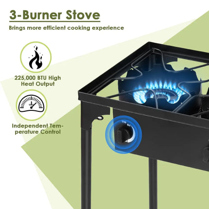 225000 BTU Portable Propane 3 Burner Gas Cooker - Black - Outdoor Grills