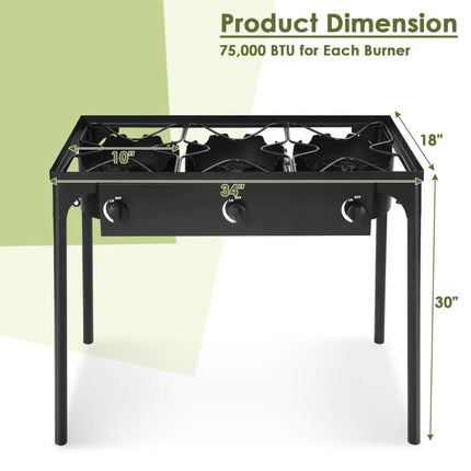 225000 BTU Portable Propane 3 Burner Gas Cooker - Black - Outdoor Grills
