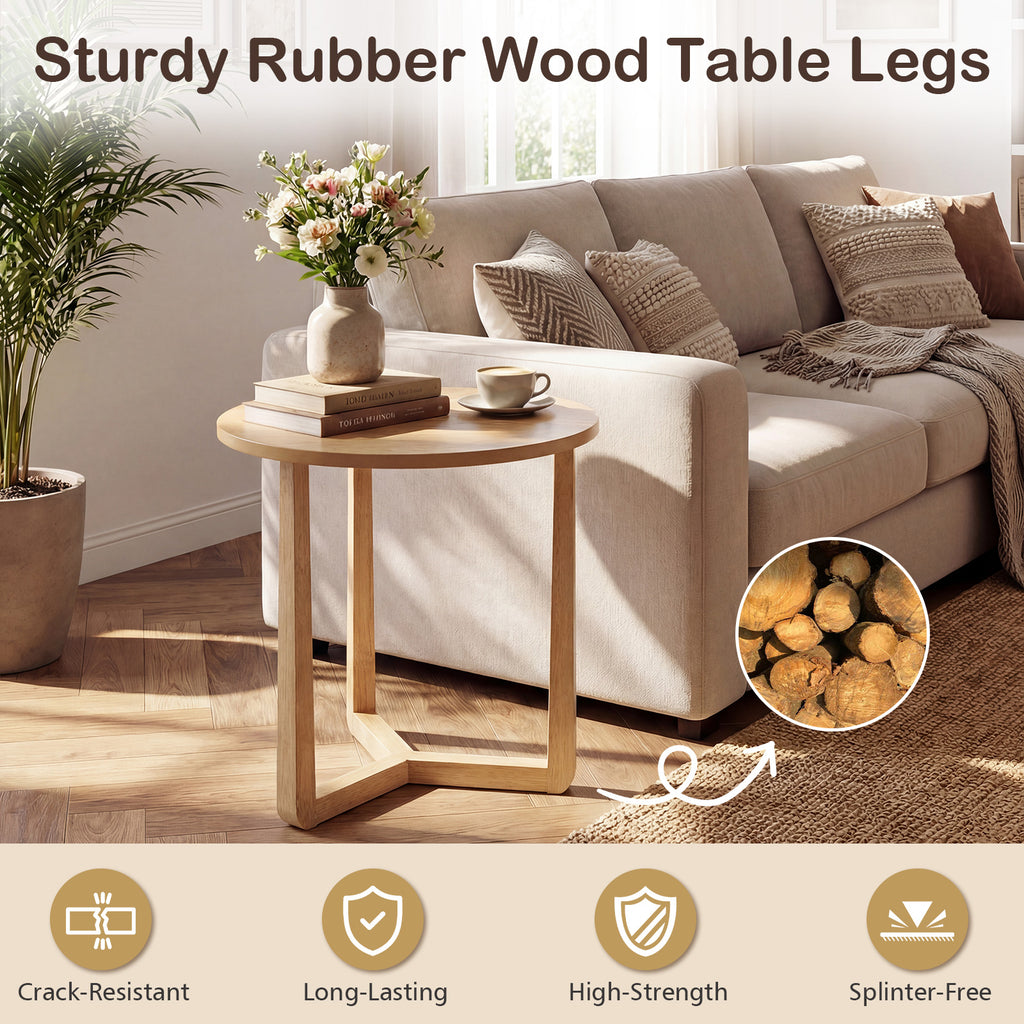 22.5 inch Round Side Table Farmhouse End Table with Sturdy Rubber Wood Legs and Triangular Structure-Natural
