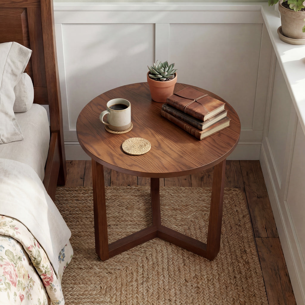 22.5 inch Round Side Table Farmhouse End Table with Sturdy Rubber Wood Legs and Triangular Structure-Walnut